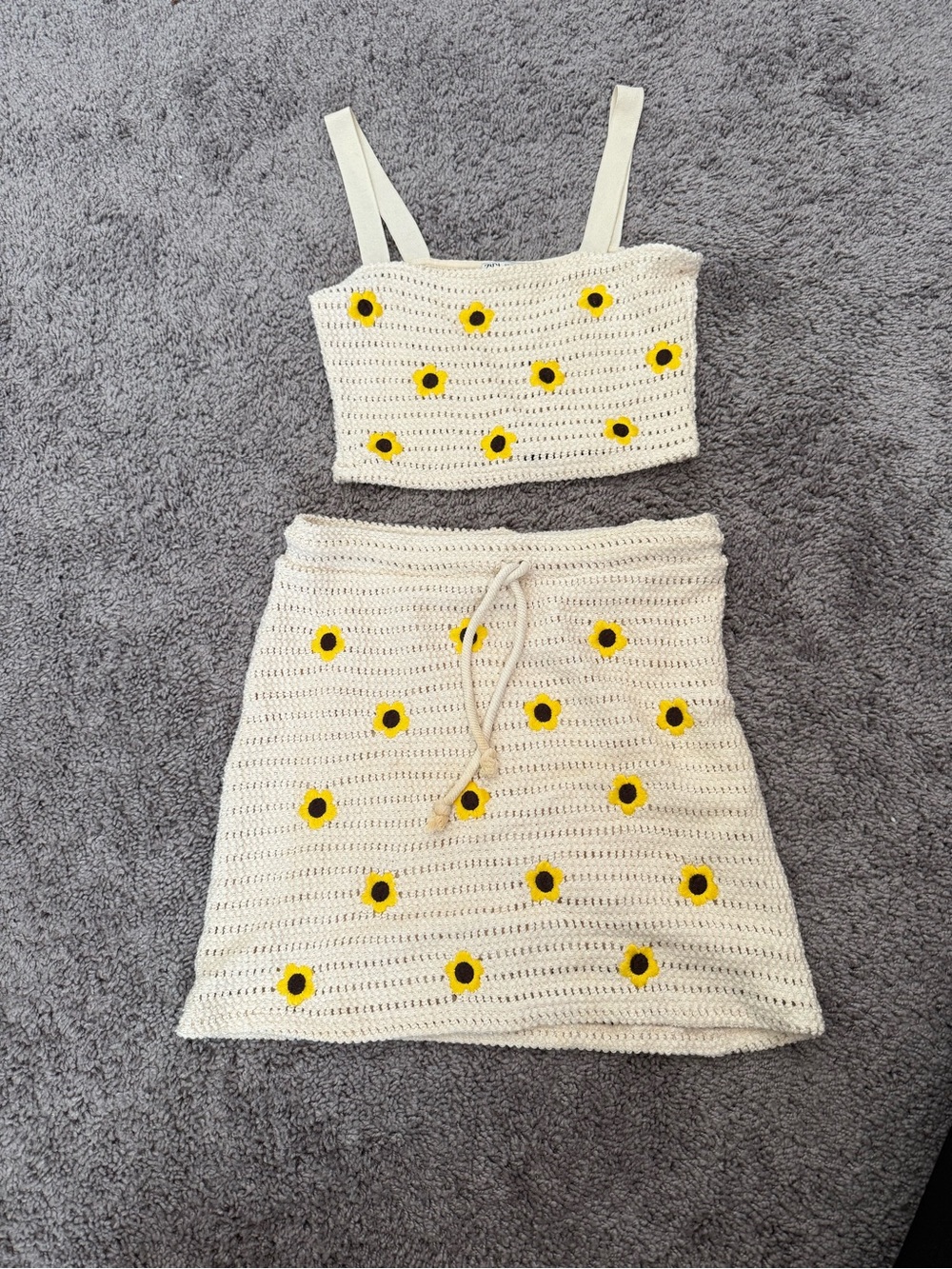 Zara Cream Crochet Sunflower tank and skirt set